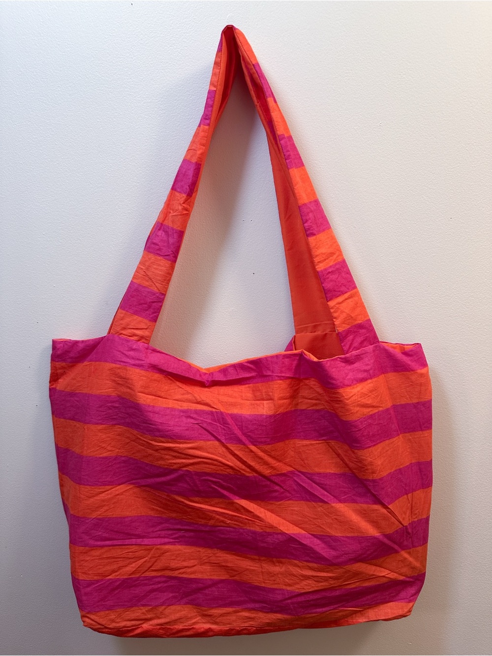 Handmade Orange Pink Striped Double Strap Deep Wide Medium Size Tote Bag
